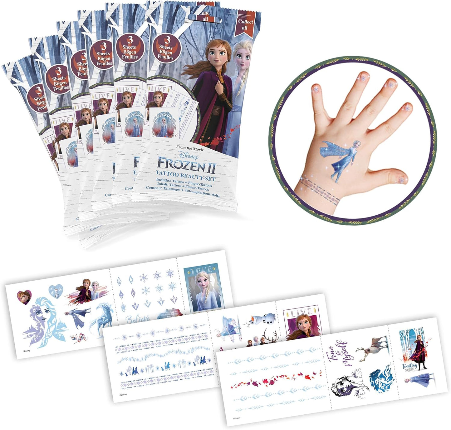 Disney Frozen II Tattoo Beauty-Set Tattoos und Fingertattoos 3 Bögen im Blindbag