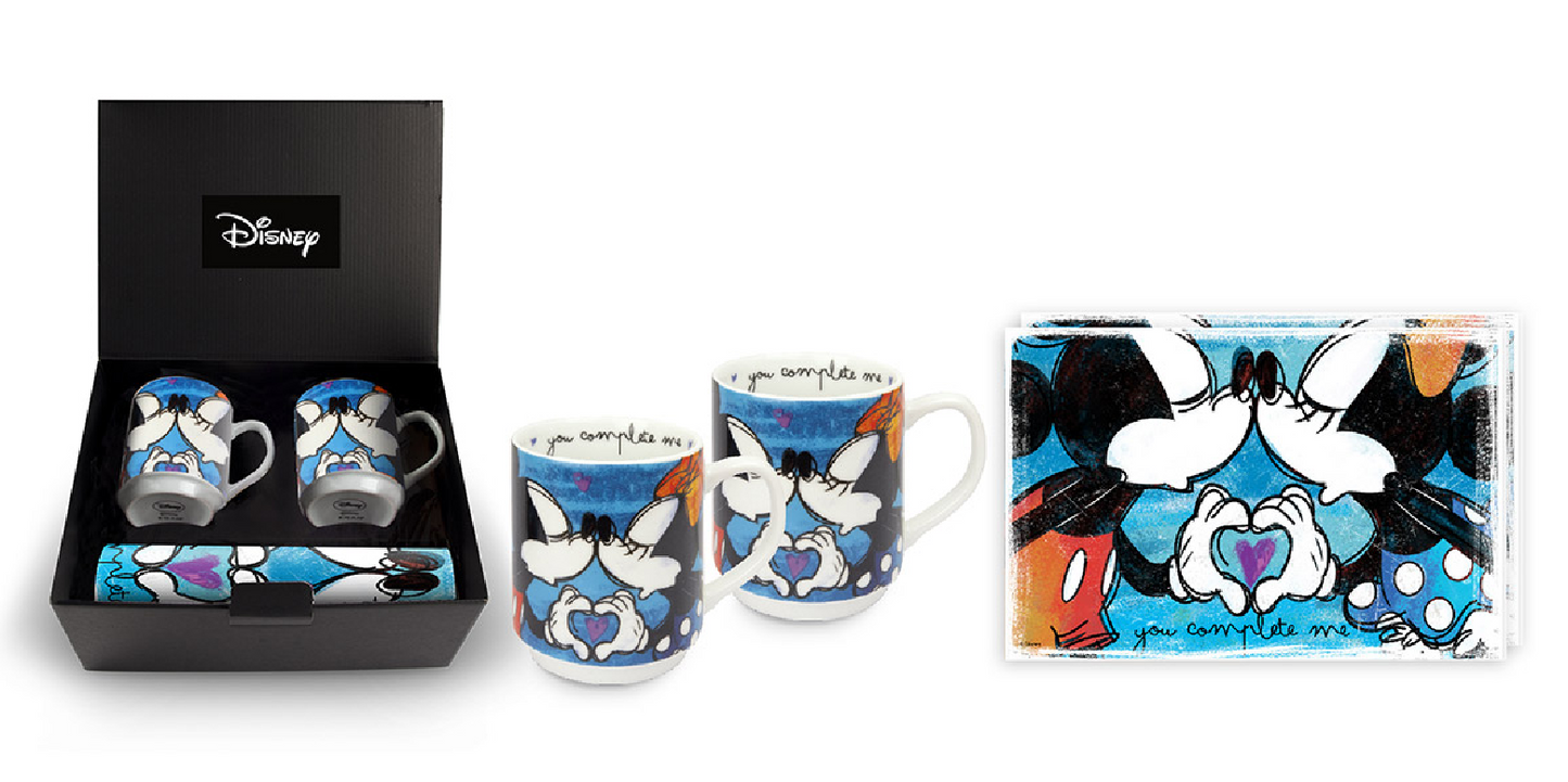 Porzellan Stapeltasse + Platzset Mickey und Minnie  „you complete me“