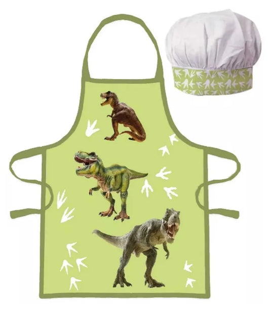Dino Küchenset für Kinder – Schürze und Mütze für kleine Dino-Fan