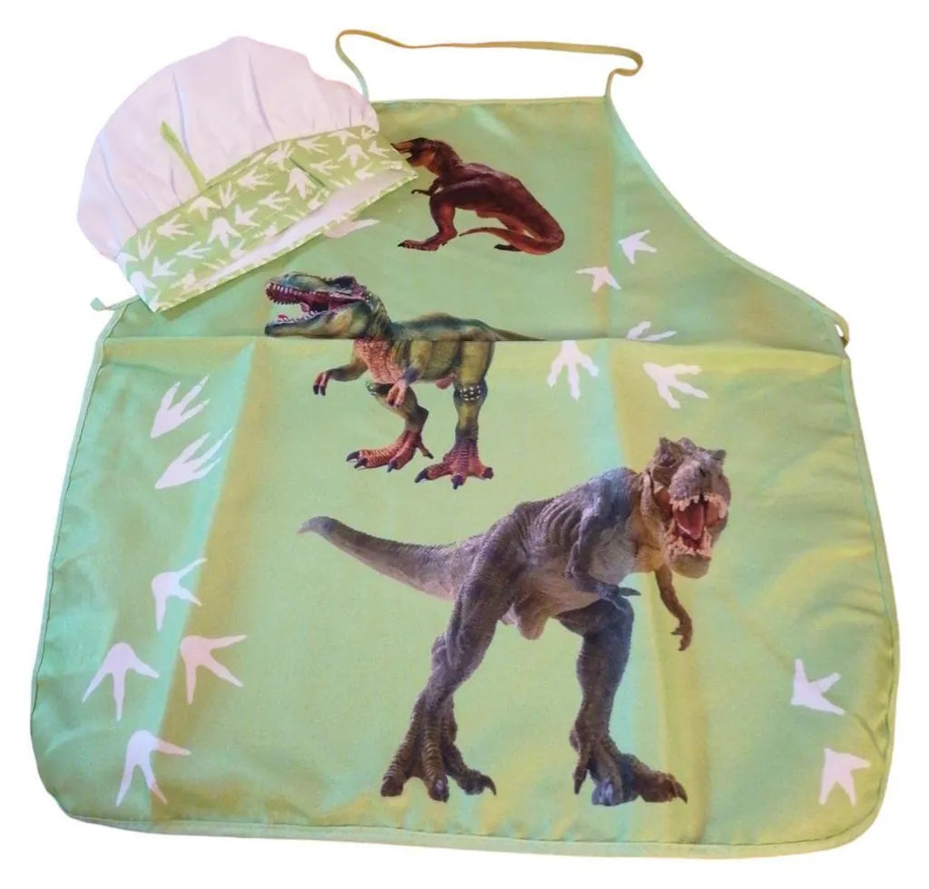 Dino Küchenset für Kinder – Schürze und Mütze für kleine Dino-Fan